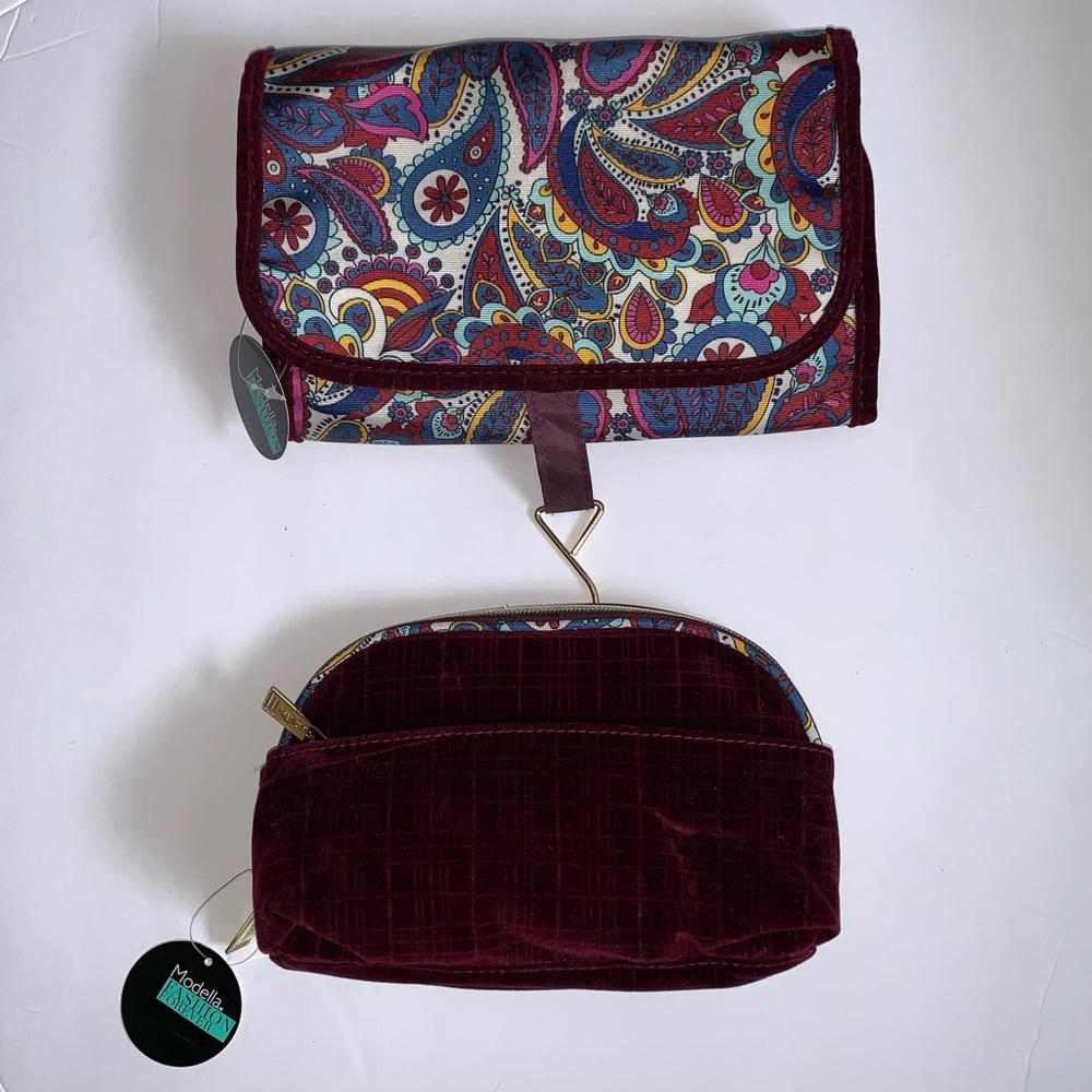 Modella Fashion Matching Cosmetic Bag Set in Burgundy and Paisley Print